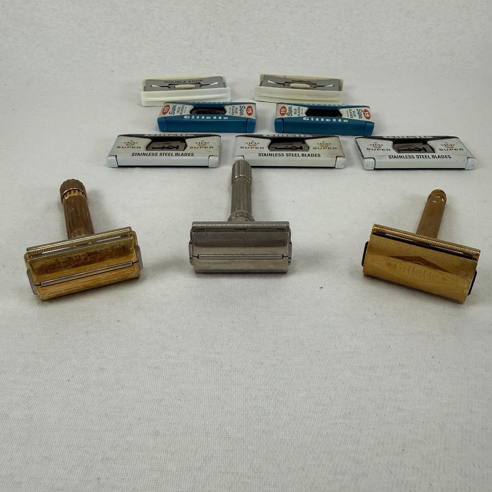 Lot Of 3 Vintage Gillette Razors with Variety Of Blades Safety Gold Toned - Picture 2 of 4